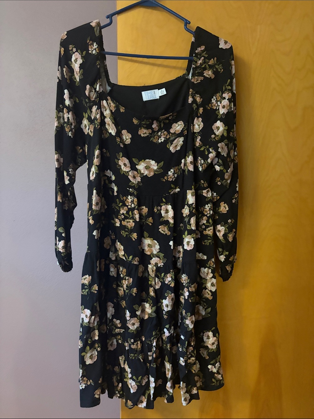 Time and Tru Black Floral Long Sleeve Tiered Dress